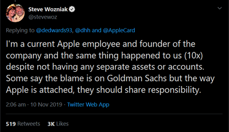 A tweet by Steve Wozniak @stevewoz reads: I'm a current Apple employee and founder of the company and the same thing happened to us (10x) despite not having any separate assets or accounts. Some say the blame is on Goldman Sachs but the way Apple is attached, they should share responsibility.