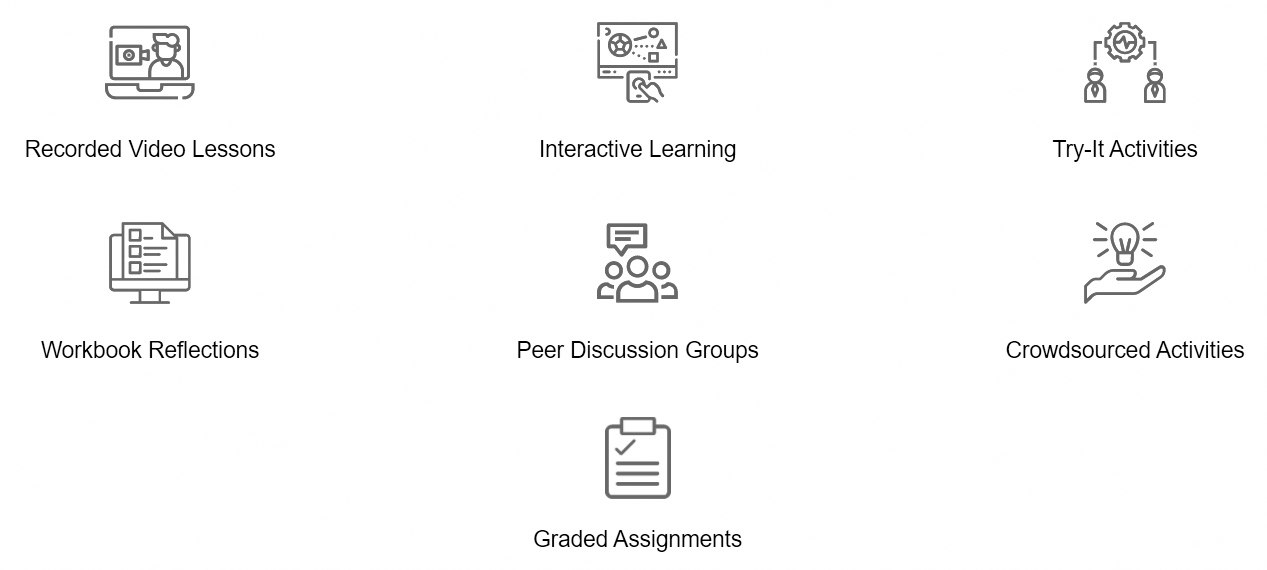 Recorded video lessons, interactive learning, try-it activities, workbook reflections, peer discussion groups, crowdsourced activities, graded assignments