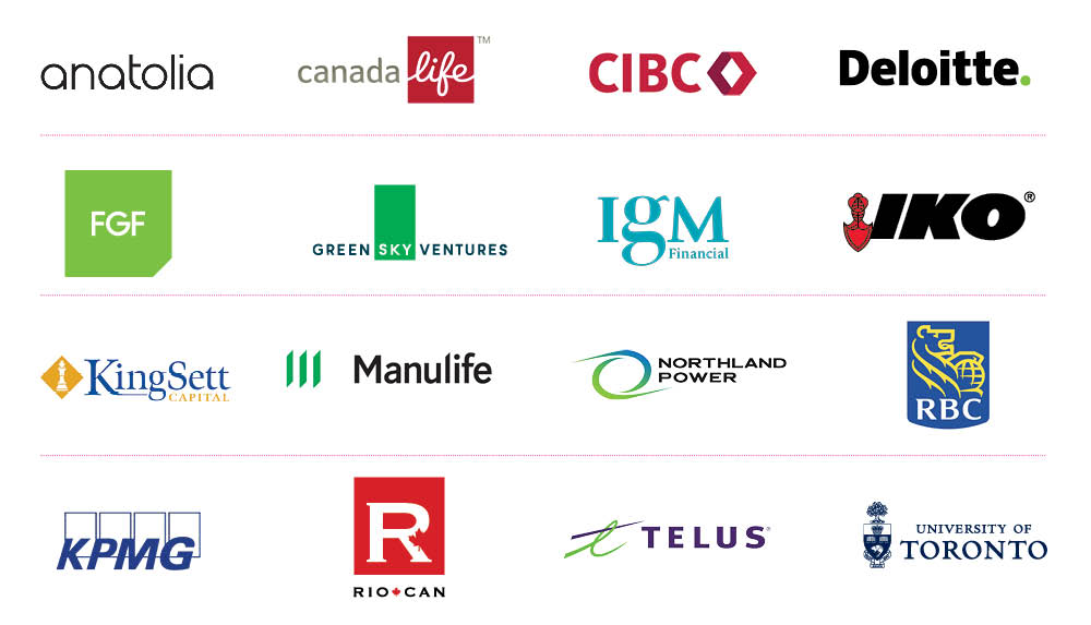 Reunite sponsor logos: Anatolia, Canada Life, CIBC, Deloitte, FGF, GreenSky Ventures, IGM, IKO, Kingsett Capital, Manulife, Northland Power, RBC, KPMG, RioCan, Telus, University of Toronto