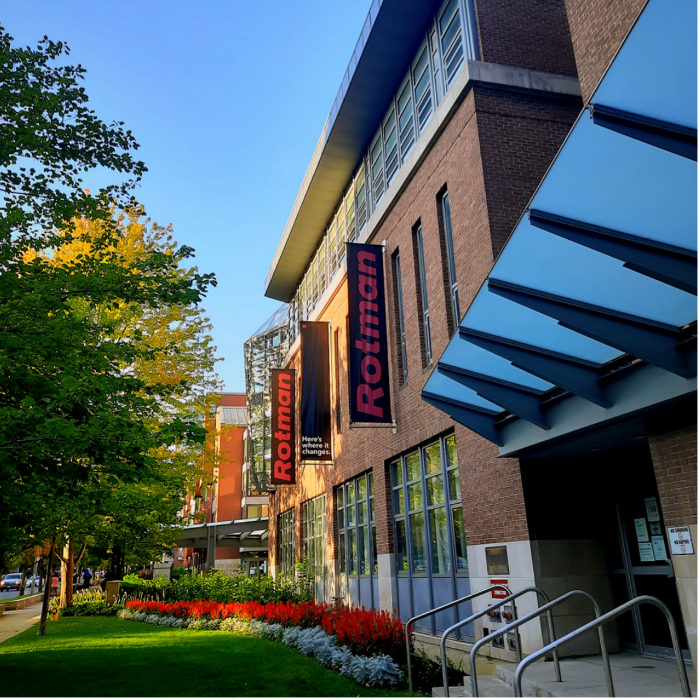 Photo of Rotman building exterior in the spring.