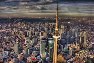 Toronto skyline in the evening from a helicopter